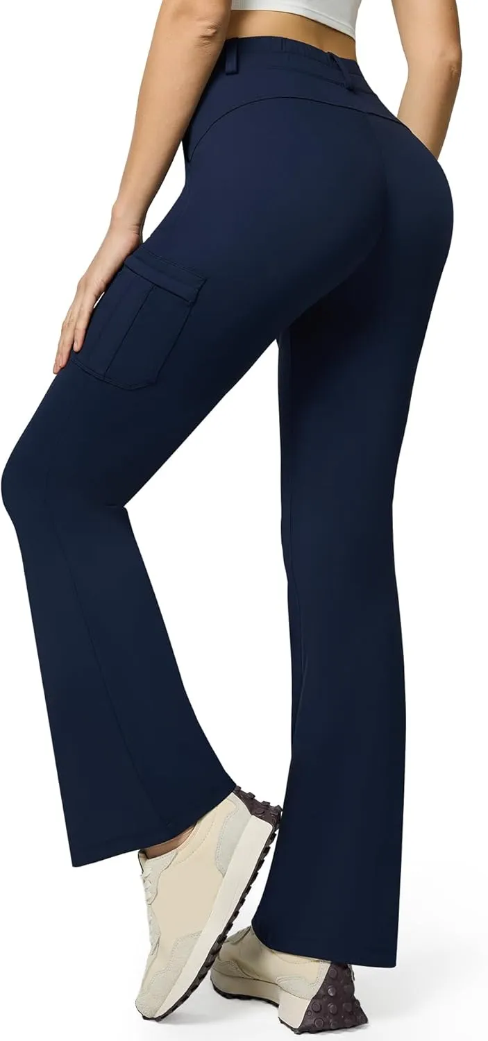 Women's Stretch Cargo Pants High Waist Bootcut Flare Leggings with 6 Pockets Soft Yoga Work Pants for Business Casual, Travel
