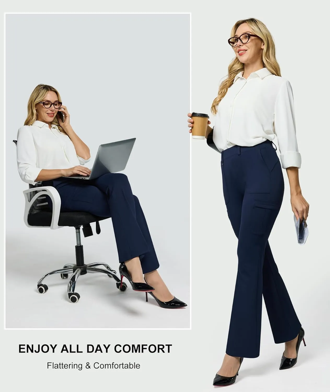 Women's Stretch Cargo Pants High Waist Bootcut Flare Leggings with 6 Pockets Soft Yoga Work Pants for Business Casual, Travel