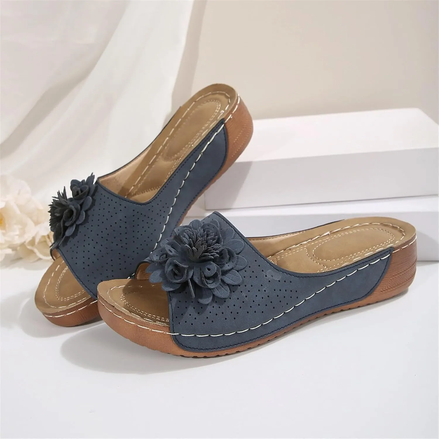 Womens Summer Shoes 2025, Low Wedge Sandals Retro Bohemian Suede Leather Floral Breathable Slip On Orthopedic Arch Support Slide Sandals