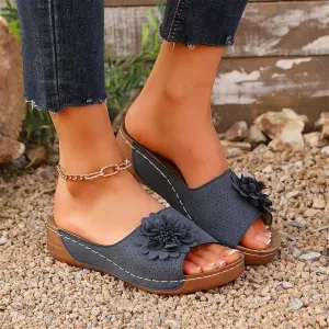 Womens Summer Shoes 2025, Low Wedge Sandals Retro Bohemian Suede Leather Floral Breathable Slip On Orthopedic Arch Support Slide Sandals
