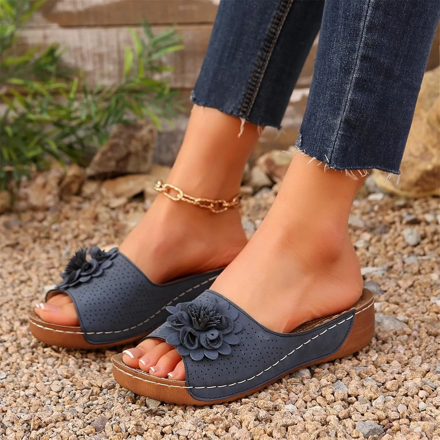 Womens Summer Shoes 2025, Low Wedge Sandals Retro Bohemian Suede Leather Floral Breathable Slip On Orthopedic Arch Support Slide Sandals