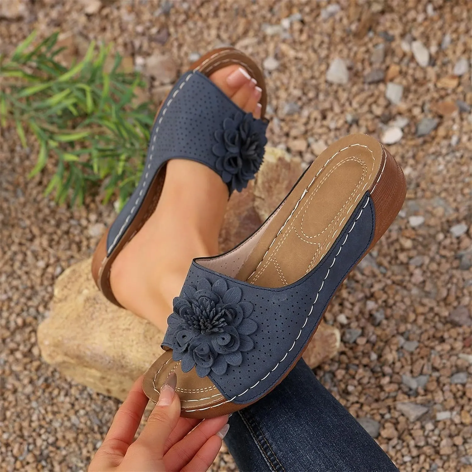 Womens Summer Shoes 2025, Low Wedge Sandals Retro Bohemian Suede Leather Floral Breathable Slip On Orthopedic Arch Support Slide Sandals