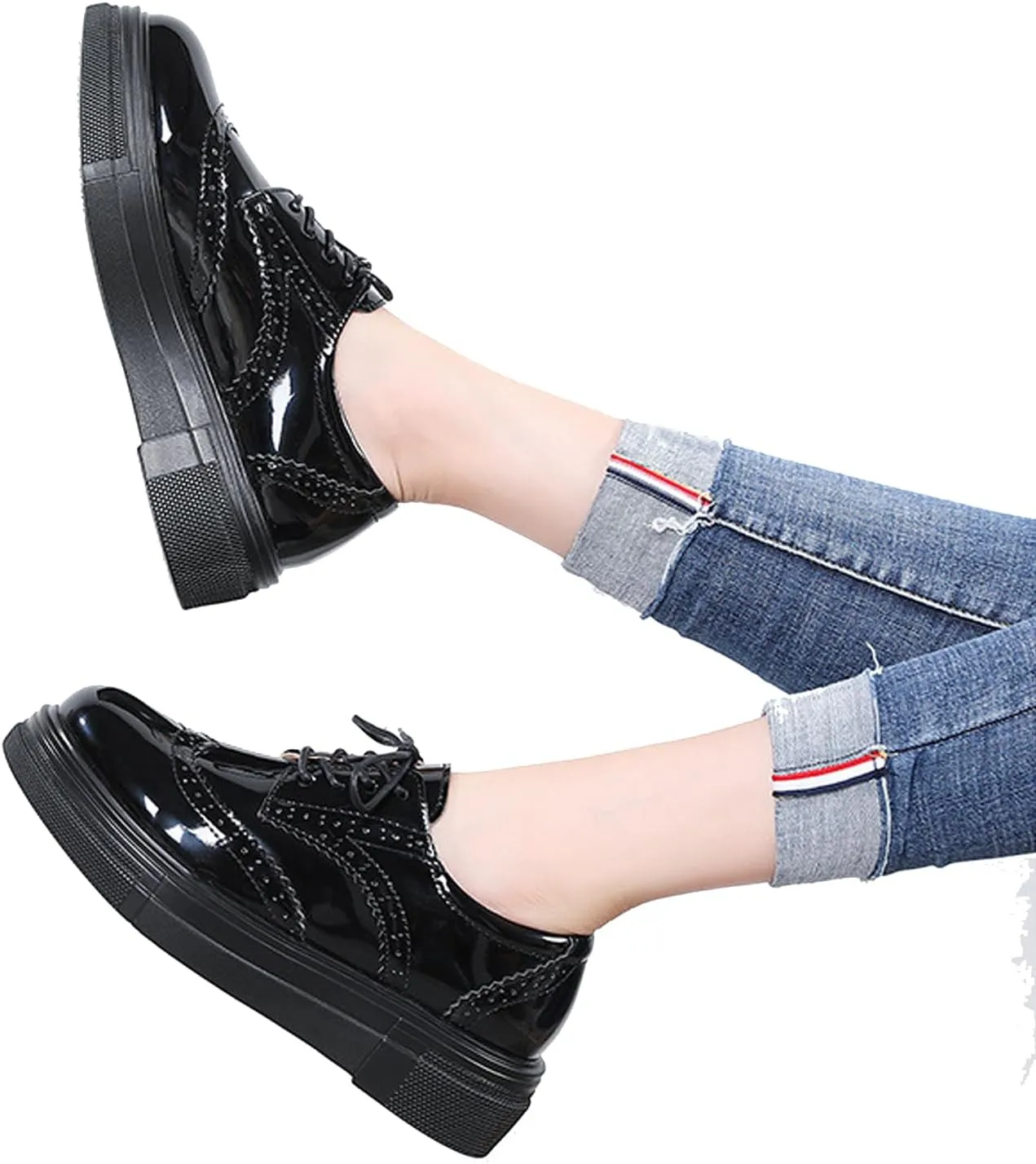 WUIWUIYU Womens Casual Patent Leather Lace-Up British Style Platform Brogues Oxford Saddle Shoes