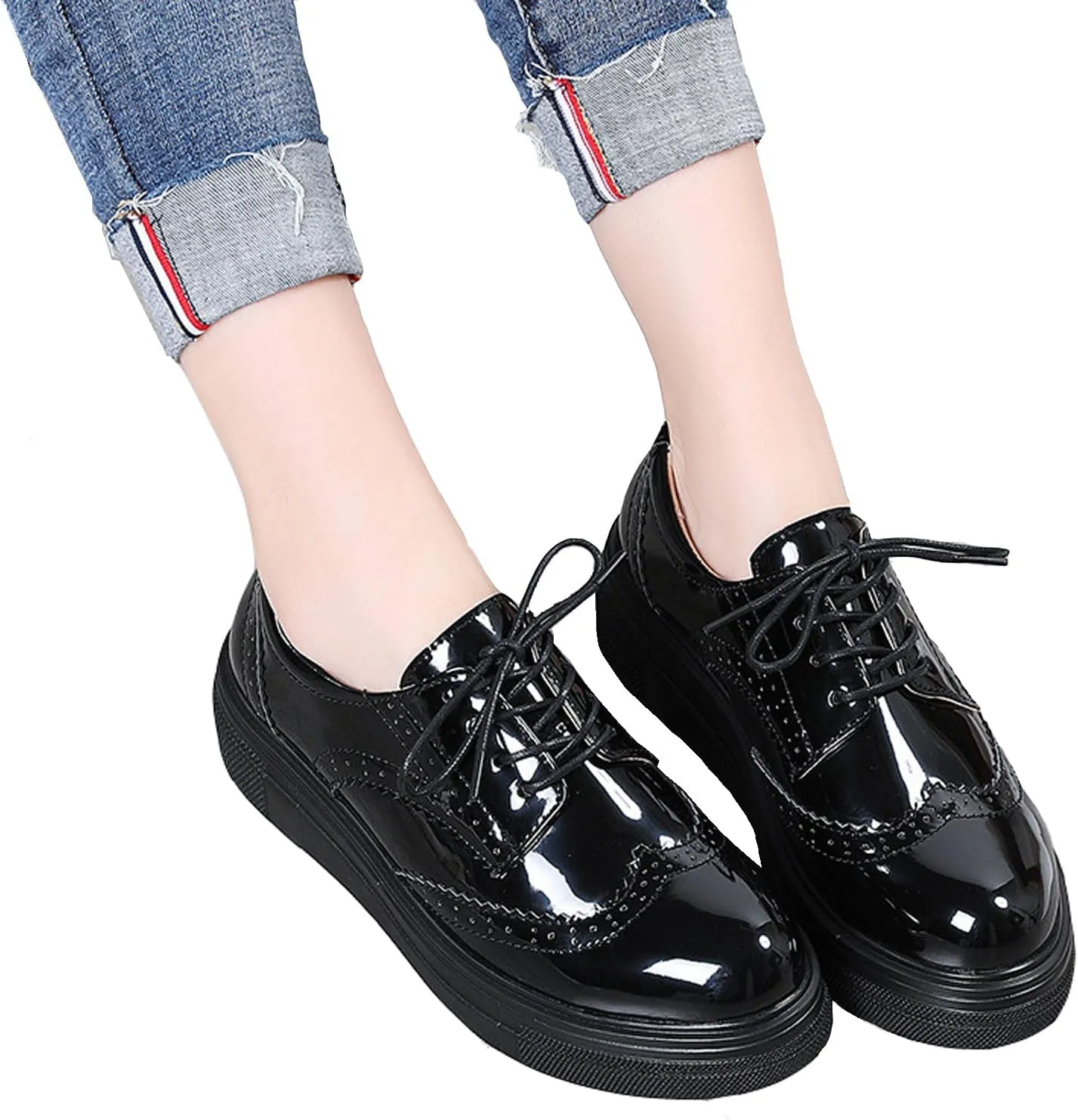 WUIWUIYU Womens Casual Patent Leather Lace-Up British Style Platform Brogues Oxford Saddle Shoes