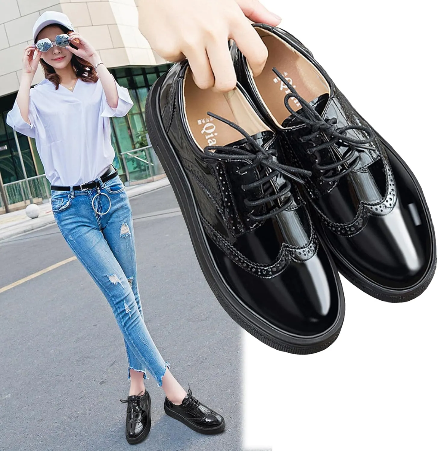 WUIWUIYU Womens Casual Patent Leather Lace-Up British Style Platform Brogues Oxford Saddle Shoes