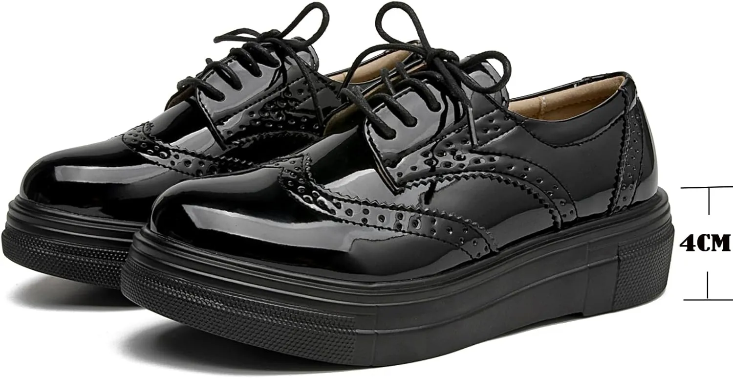 WUIWUIYU Womens Casual Patent Leather Lace-Up British Style Platform Brogues Oxford Saddle Shoes