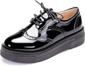 WUIWUIYU Womens Casual Patent Leather Lace-Up British Style Platform Brogues Oxford Saddle Shoes
