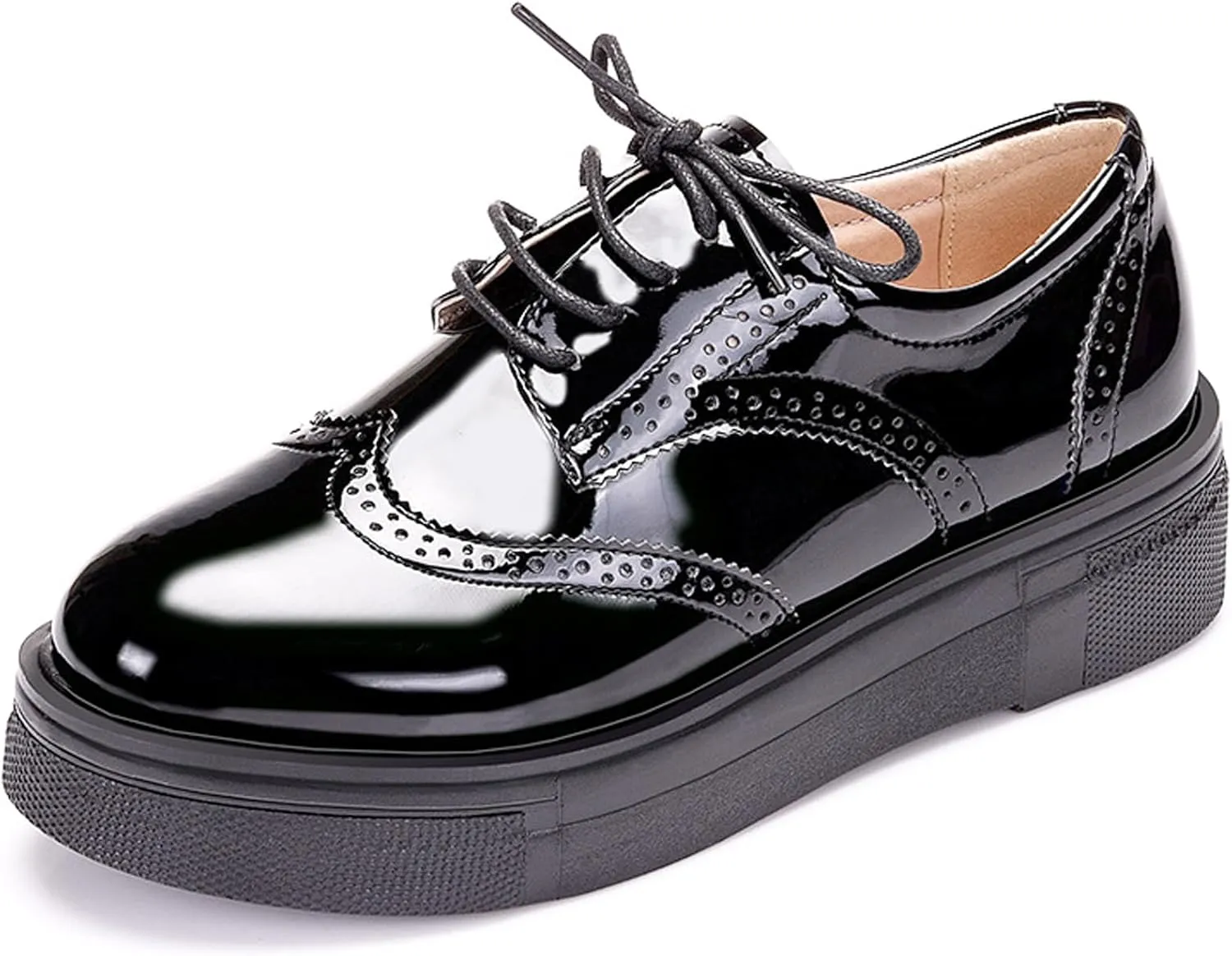WUIWUIYU Womens Casual Patent Leather Lace-Up British Style Platform Brogues Oxford Saddle Shoes