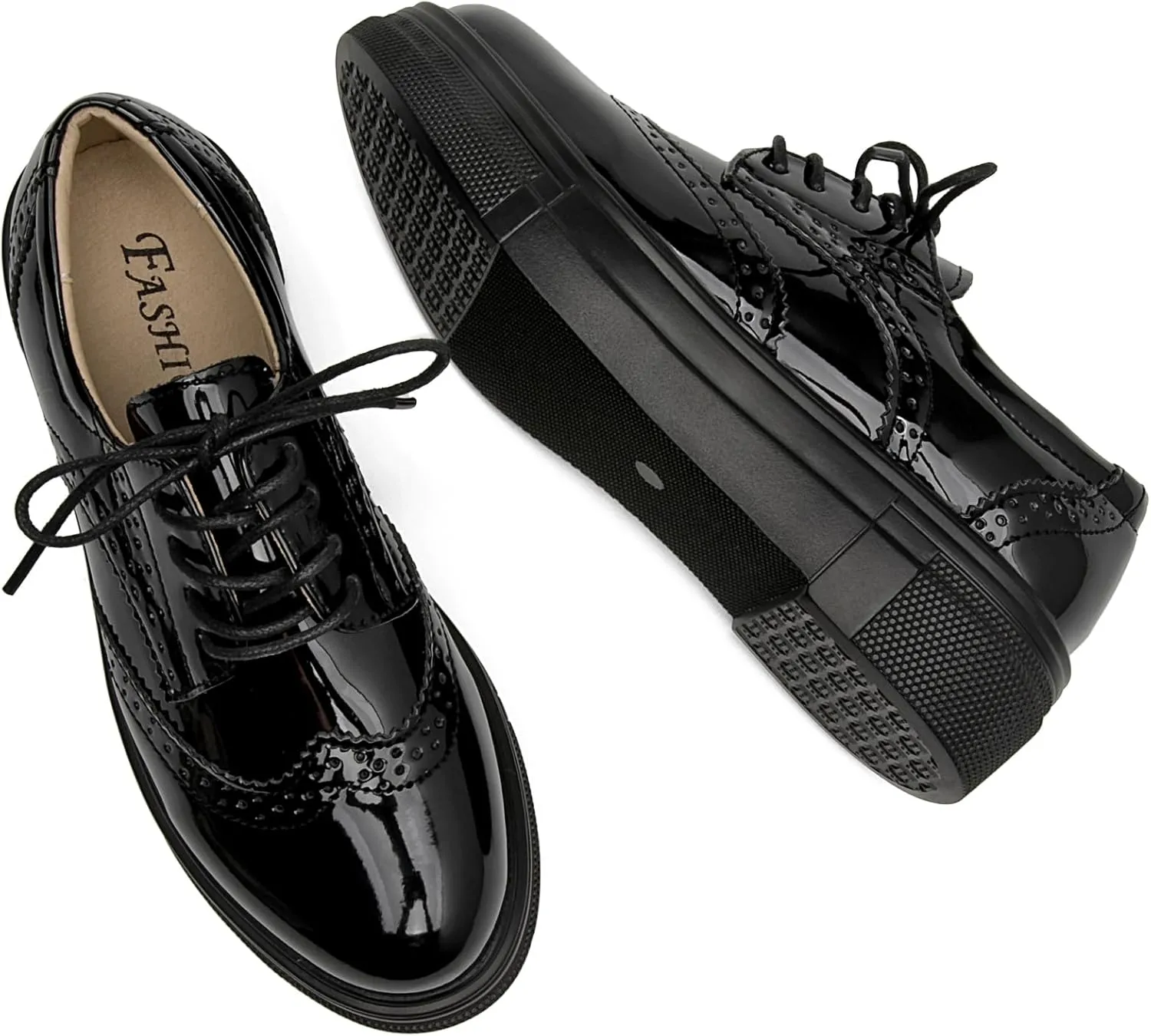 WUIWUIYU Womens Casual Patent Leather Lace-Up British Style Platform Brogues Oxford Saddle Shoes