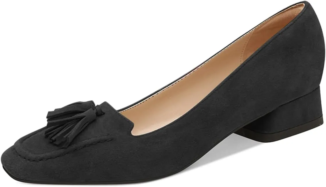 YDN Women Chunky Block Low Heel Loafers Square Toe Tassel Fringed Pump Slip On Dress Party Office Daily Shoe Size 4-15 US