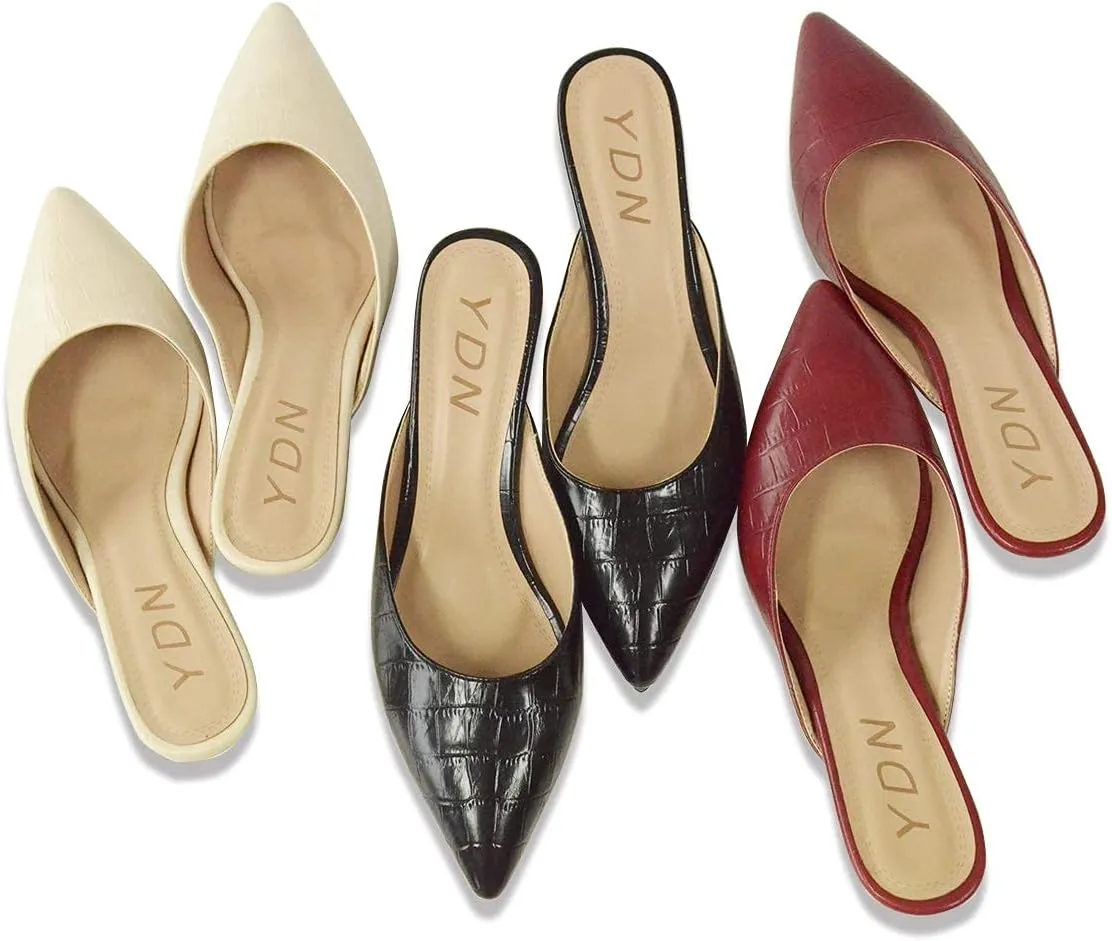 YDN Women Classic Pointed Toe Low Mid Heel Loafers Slip on Mules Slide Sandals Kitten Shoes Size 4-15 US