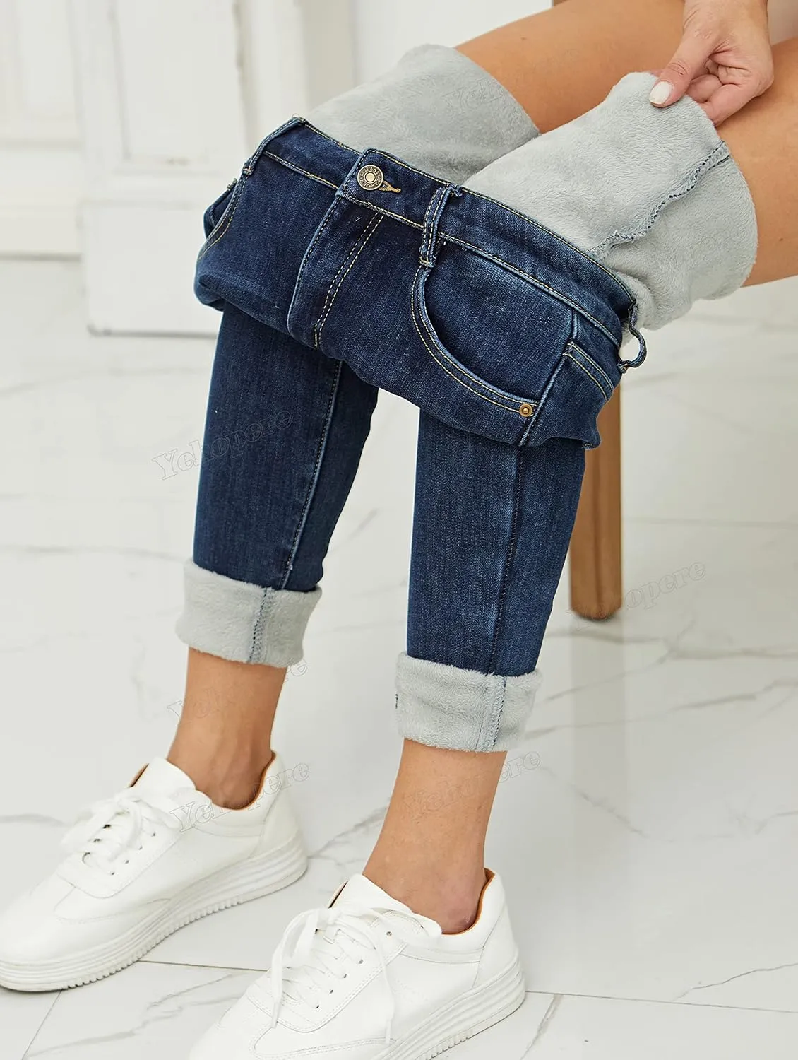 Yehopere Women's Winter Fleece Lined Jeans Slim Fit Warm Skinny High Waist Denim Jean