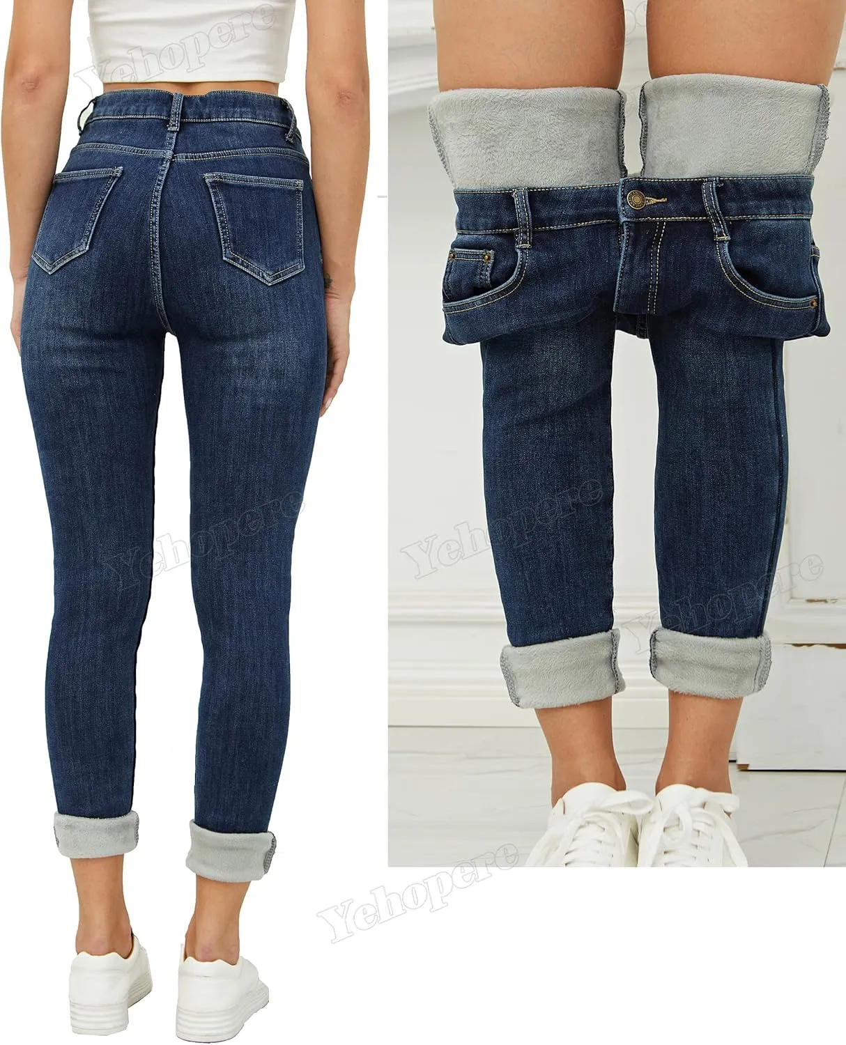 Yehopere Women's Winter Fleece Lined Jeans Slim Fit Warm Skinny High Waist Denim Jean