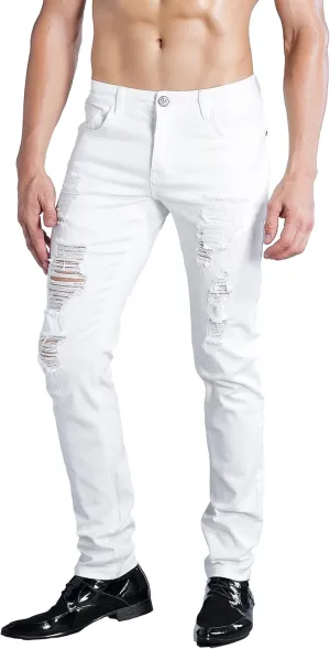 ZLZ Blue Black Ripped Distressed Jeans for Men Slim Fit, Men's Fashion Design Streetwear Destroyed Jeans Pants Stretch Fit