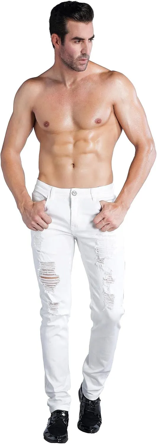ZLZ Blue Black Ripped Distressed Jeans for Men Slim Fit, Men's Fashion Design Streetwear Destroyed Jeans Pants Stretch Fit