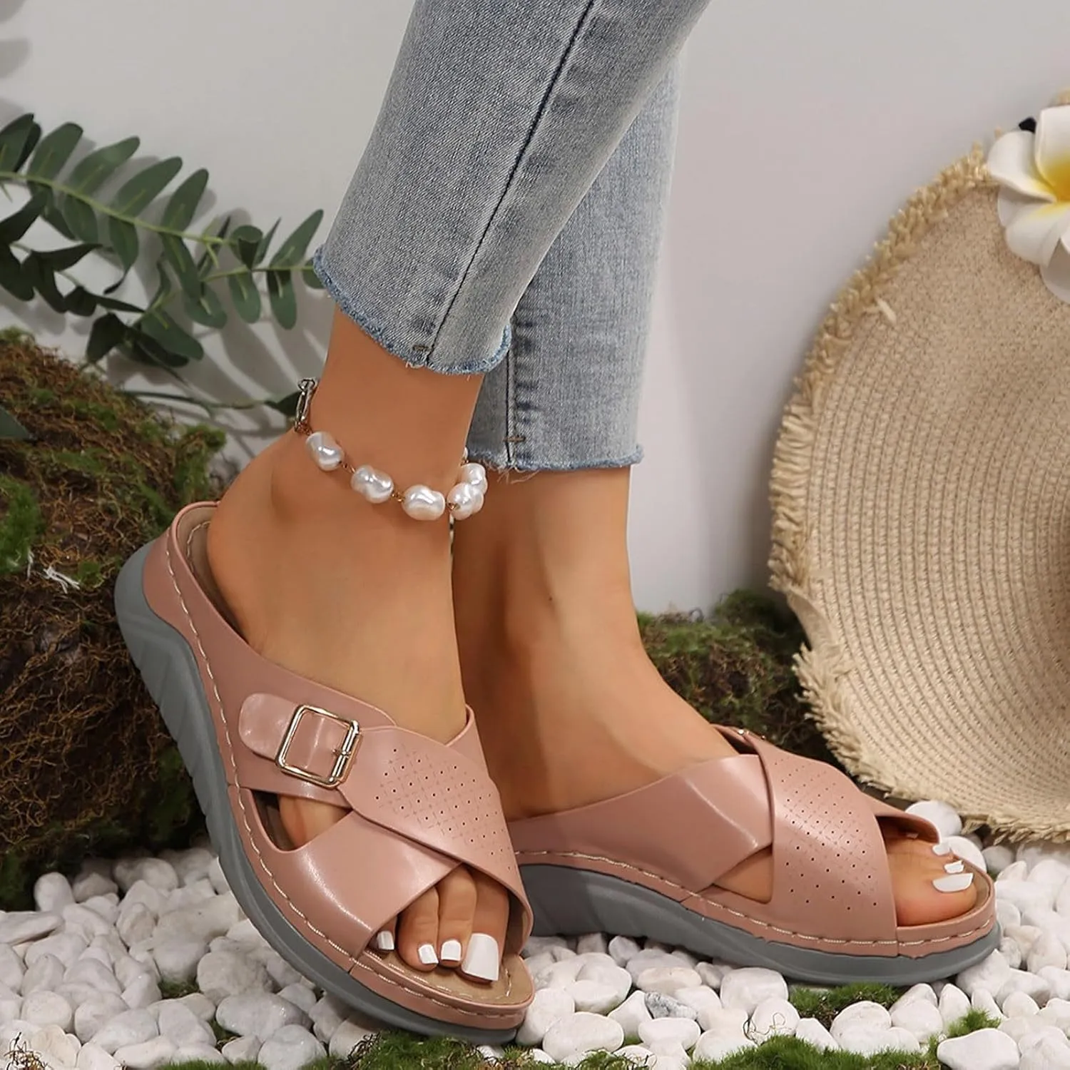ZSpzx Women's Slide Sandals,Wedge Sandals for Women Dressy Summer Open Toe Crisscross Straps Slip on Sandals Comfortable Slides Slippers Metal Memory Foam Walking Beach Plantar Fasciitis Shoes
