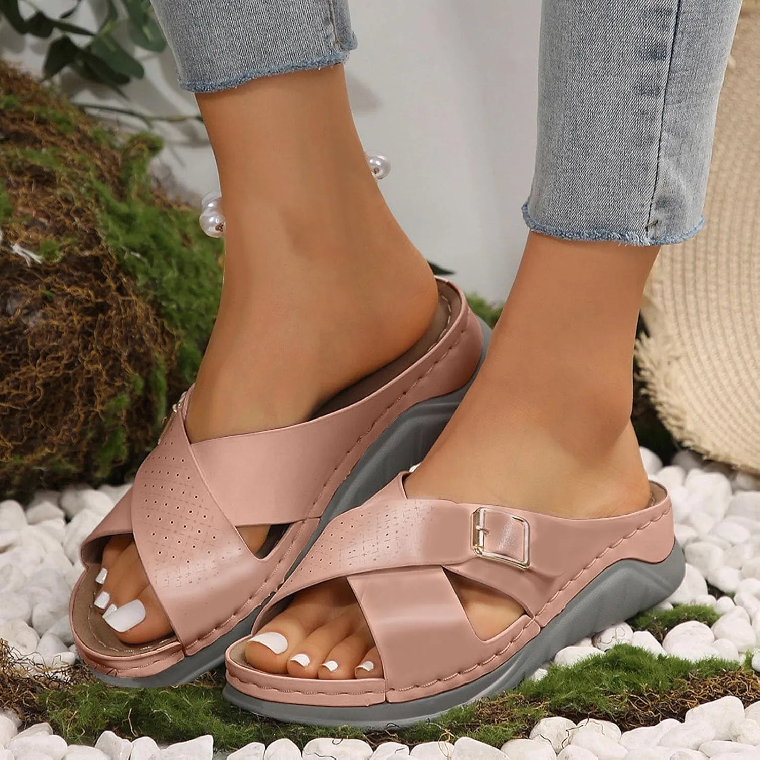 ZSpzx Women's Slide Sandals,Wedge Sandals for Women Dressy Summer Open Toe Crisscross Straps Slip on Sandals Comfortable Slides Slippers Metal Memory Foam Walking Beach Plantar Fasciitis Shoes