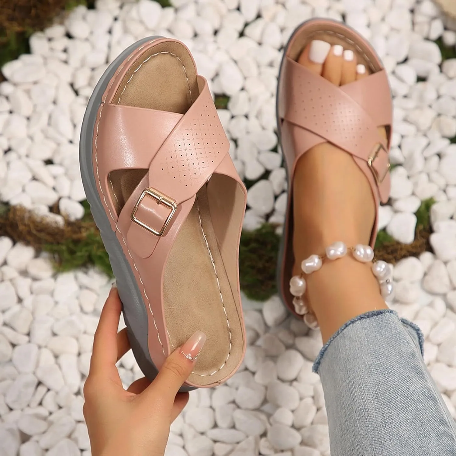 ZSpzx Women's Slide Sandals,Wedge Sandals for Women Dressy Summer Open Toe Crisscross Straps Slip on Sandals Comfortable Slides Slippers Metal Memory Foam Walking Beach Plantar Fasciitis Shoes